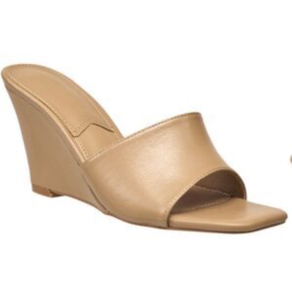 French connection - tan beige open toe mule heeled wedges faux leather